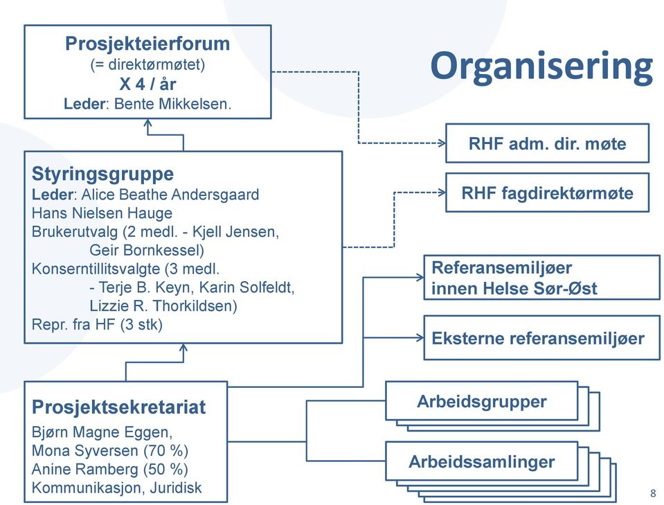 - Terje B. Keyn, Karin Solfeldt, Lizzie R. Thorkildsen) Repr. fra HF (3 stk) Organisering RHF adm. dir.