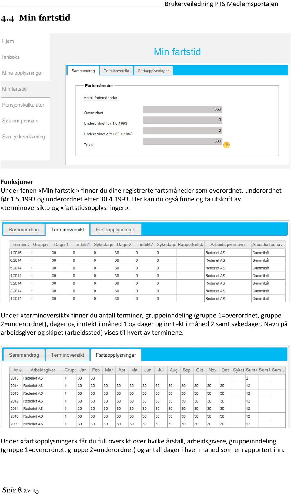 Under «terminoversikt» finner du antall terminer, gruppeinndeling (gruppe 1=overordnet, gruppe 2=underordnet), dager og inntekt i måned 1 og dager og inntekt i måned 2 samt sykedager.