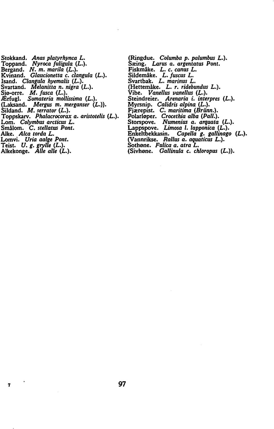 Alke. Alca torda L. Lomvi. Uria alge Pont. Teist. U. g. grylle (L.). Alkekonge. Alle alle (L.). (Ringdue. Columba p. palumbus L.). Sæing. Larus a. argentalus Ponl. FiskmAke. L. c. canus L. Sildemike.