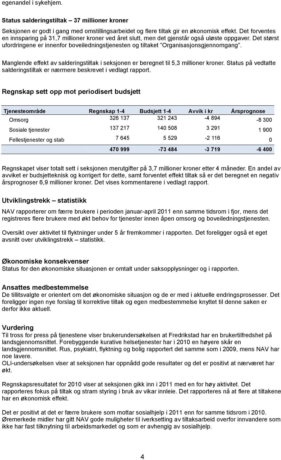 Det størst ufordringene er innenfor boveiledningstjenesten og tiltaket Organisasjonsgjennomgang. Manglende effekt av salderingstiltak i seksjonen er beregnet til 5,3 millioner kroner.