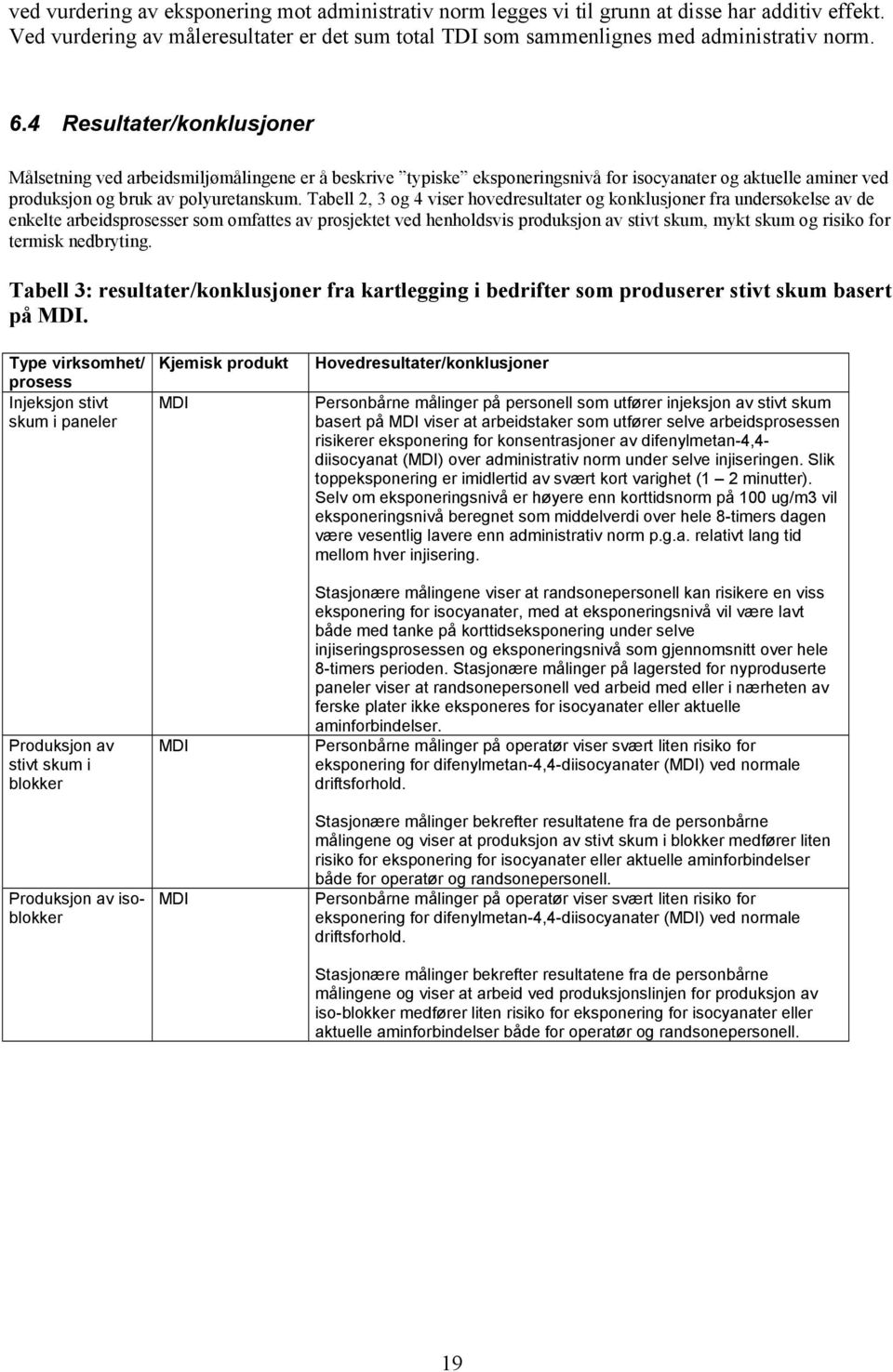 Tabell 2, 3 og 4 viser hovedresultater og konklusjoner fra undersøkelse av de enkelte arbeidsprosesser som omfattes av prosjektet ved henholdsvis produksjon av stivt skum, mykt skum og risiko for