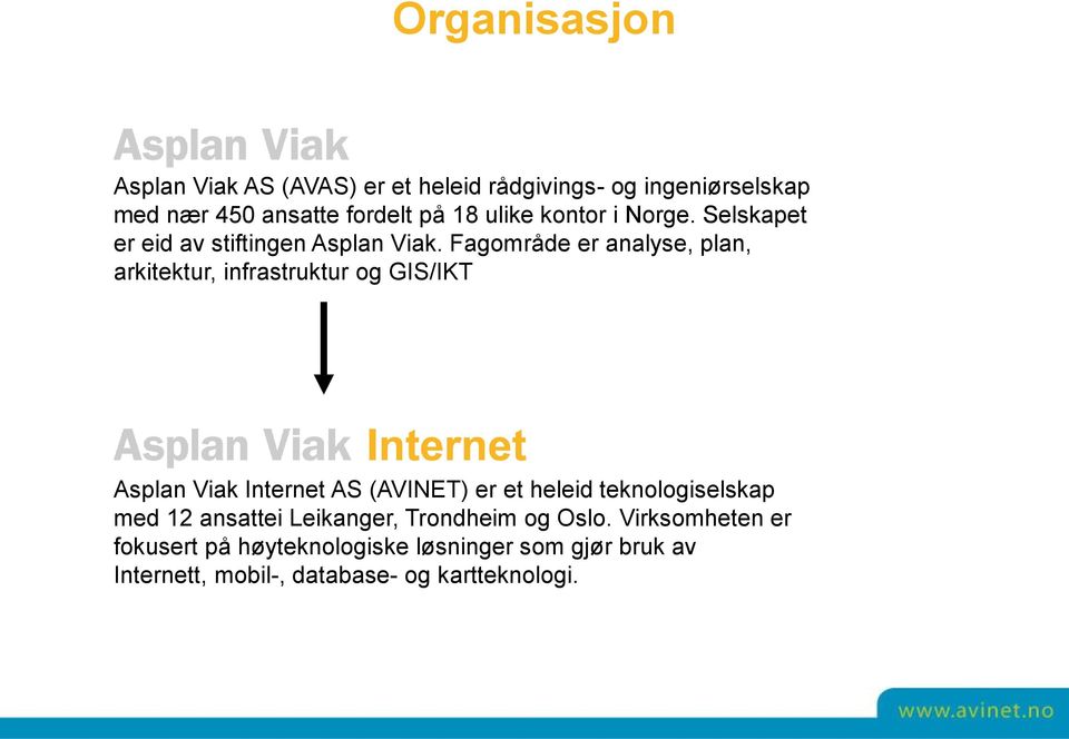 Fagområde er analyse, plan, arkitektur, infrastruktur og GIS/IKT Asplan Viak Internet AS (AVINET) er et heleid