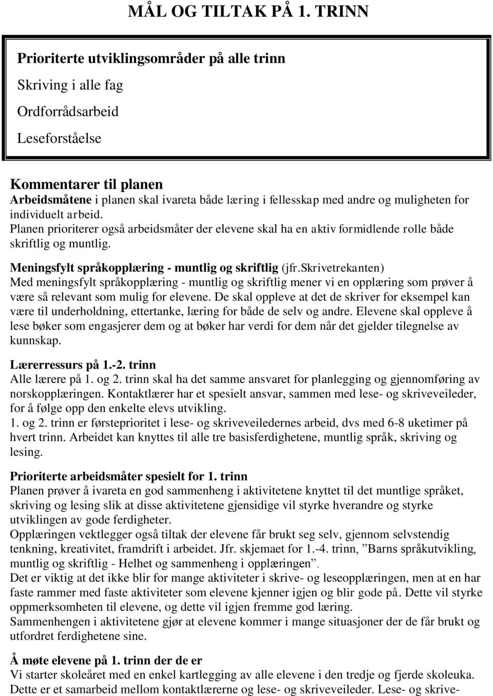 muligheten for individuelt arbeid. Planen prioriterer også arbeidsmåter der elevene skal ha en aktiv formidlende rolle både skriftlig og muntlig.