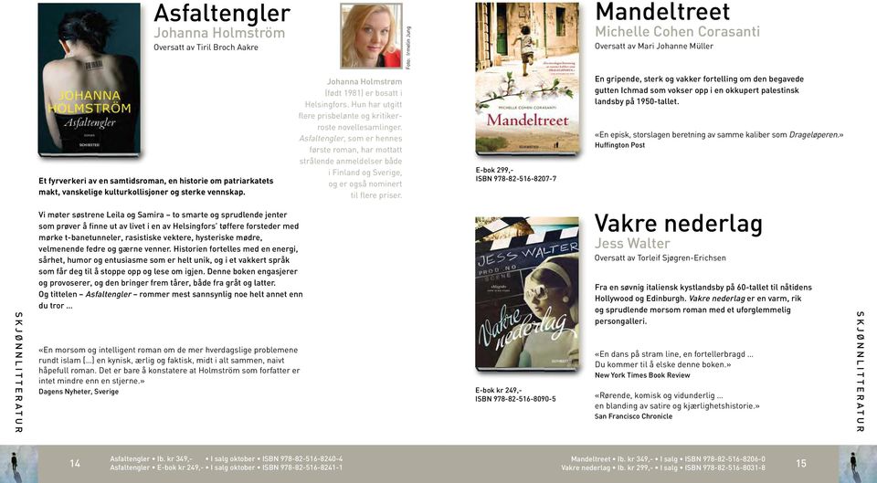 Asfaltengler, som er hennes første roman, har mottatt strålende anmeldelser både i Finland og Sverige, og er også nominert til flere priser.