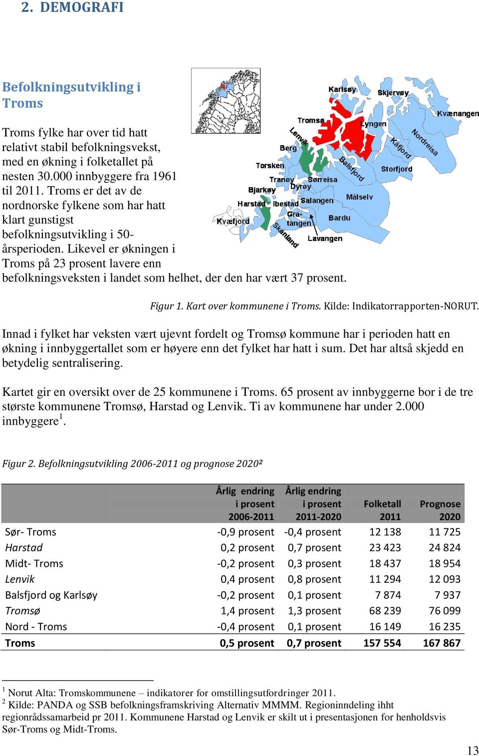 Likevel er økningen i Troms på 23 prosent lavere enn befolkningsveksten i landet som helhet, der den har vært 37 prosent. Figur 1. Kart over kommunene i Troms. Kilde: Indikatorrapporten-NORUT.