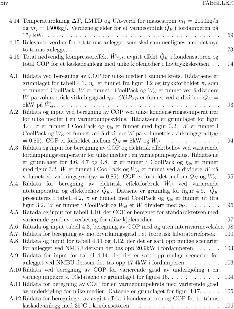 16 Total nødvendig kompressoreffekt ẆT,el, avgitt effekt Q K i kondensatoren og total COP for et kaskadeanlegg med ulike kjølemedier i høytrykkskretsen... 74 A.