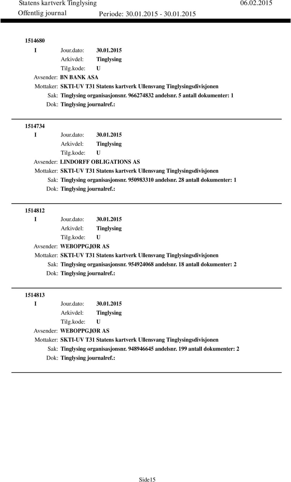 28 antall dokumenter: 1 Dok: journalref.: 1514812 Avsender: WEBOPPGJØR AS Mottaker: SKTI-V T31 Statens kartverk llensvang sdivisjonen Sak: organisasjonsnr. 954924068 andelsnr.