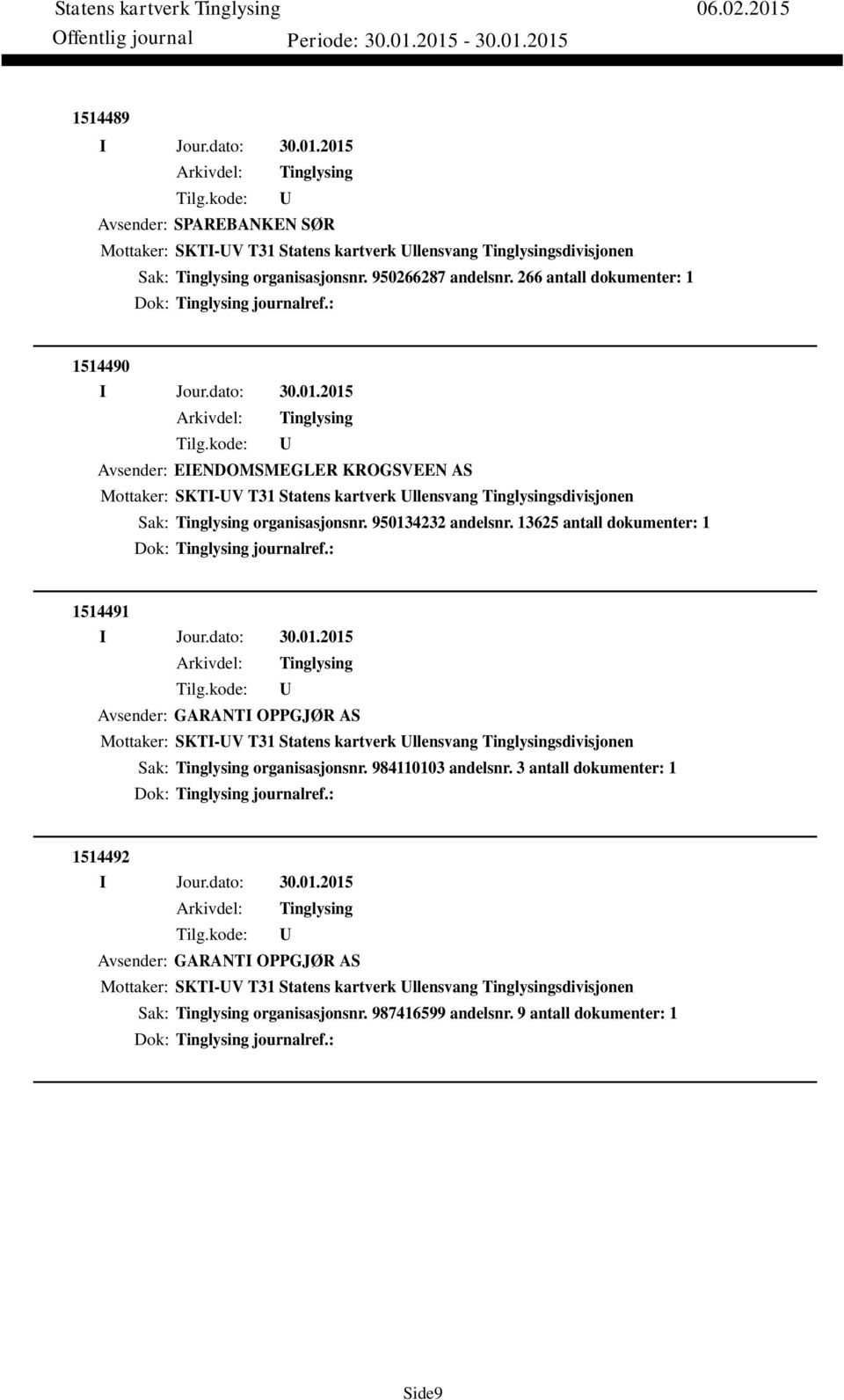 13625 antall dokumenter: 1 Dok: journalref.: 1514491 Avsender: GARANTI OPPGJØR AS Mottaker: SKTI-V T31 Statens kartverk llensvang sdivisjonen Sak: organisasjonsnr. 984110103 andelsnr.