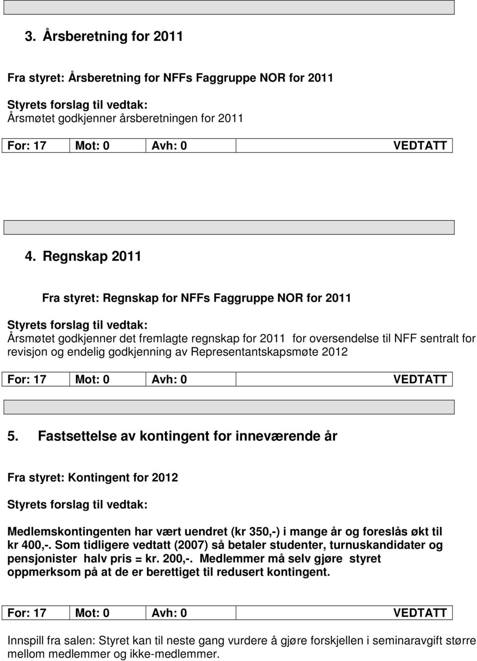 endelig godkjenning av Representantskapsmøte 2012 For: 17 Mot: 0 Avh: 0 VEDTATT 5.