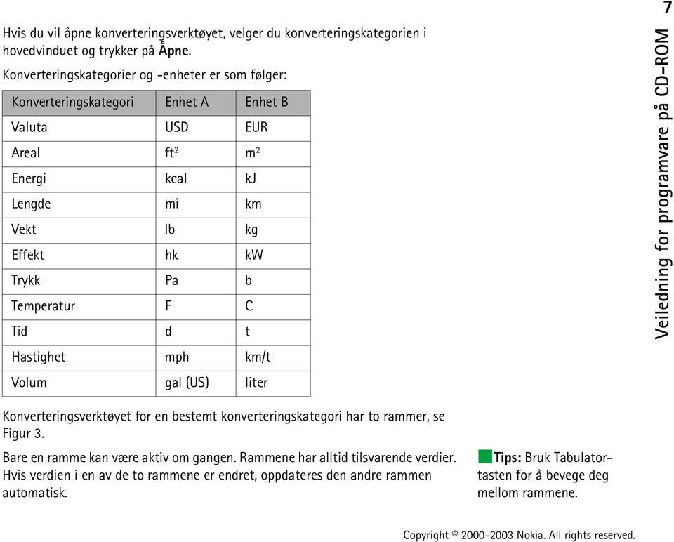 kw Trykk Pa b Temperatur F C Tid d t Hastighet mph km/t Volum gal (US) liter Konverteringsverktøyet for en bestemt konverteringskategori har to rammer, se Figur 3.