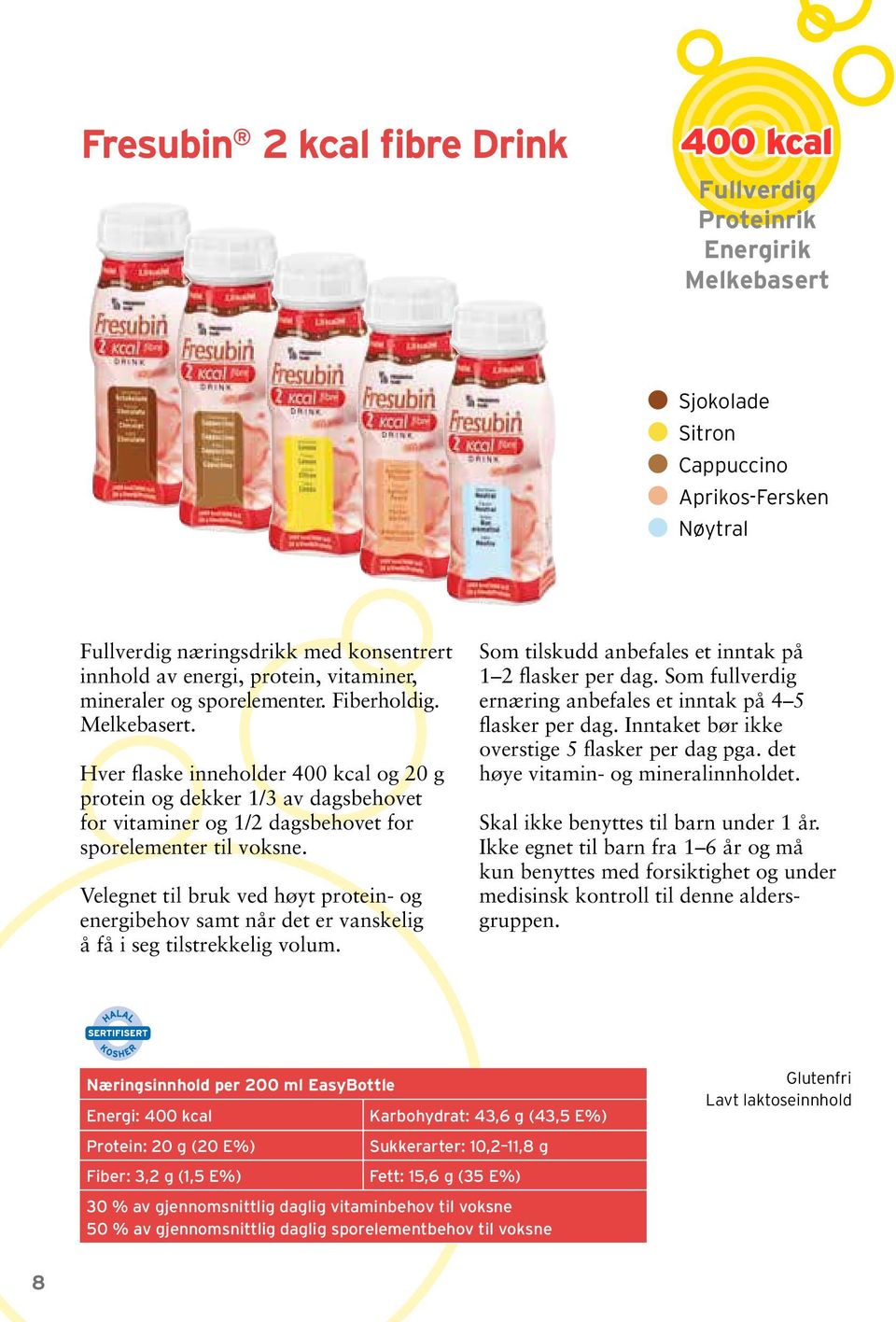 Hver flaske inneholder 400 kcal og 20 g protein og dekker 1/3 av dagsbehovet for vitaminer og 1/2 dagsbehovet for sporelementer til voksne.