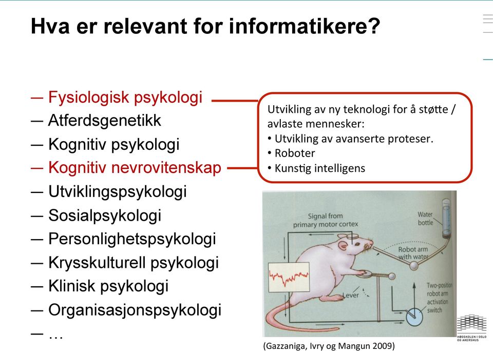 Utviklingspsykologi Sosialpsykologi Personlighetspsykologi Krysskulturell psykologi Klinisk