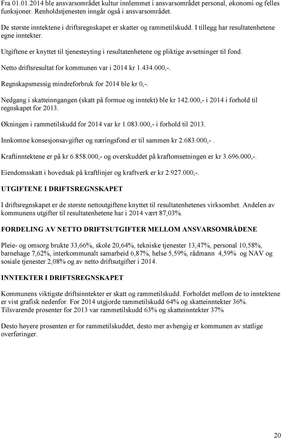 Utgiftene er knyttet til tjenesteyting i resultatenhetene og pliktige avsetninger til fond. Netto driftsresultat for kommunen var i 2014 kr 1.434.000,-. smessig mindreforbruk for 2014 ble kr 0,-.