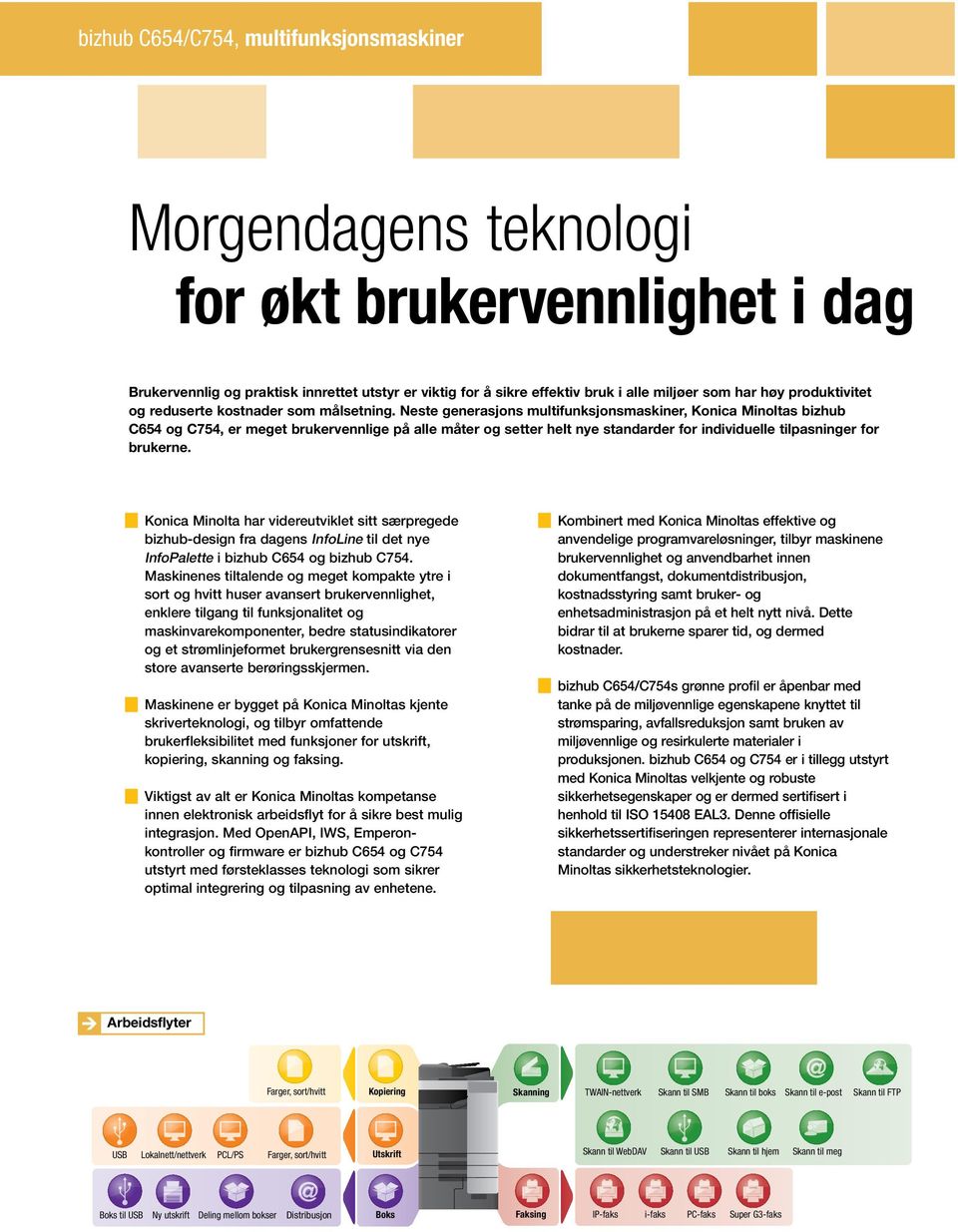 Neste generasjons multifunksjonsmaskiner, Konica Minoltas bizhub C654 og C754, er meget brukervennlige på alle måter og setter helt nye standarder for individuelle tilpasninger for brukerne.