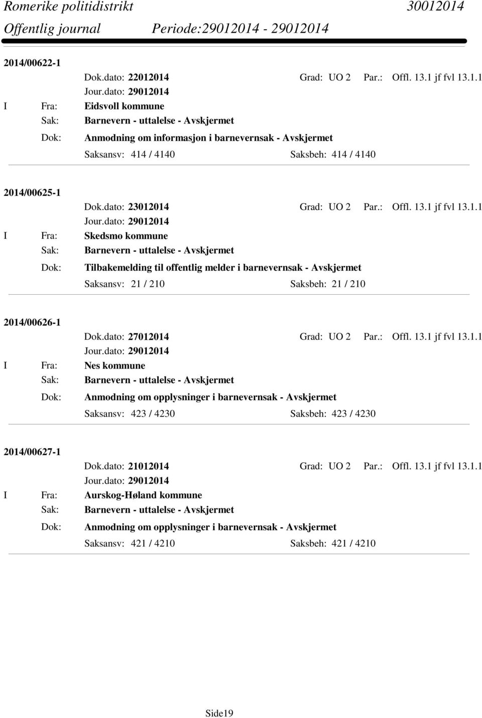 dato: 27012014 Grad: UO 2 Par.: Offl. 13.1 jf fvl 13.1.1 I Fra: Nes kommune Sak: Barnevern - uttalelse - Avskjermet Anmodning om opplysninger i barnevernsak - Avskjermet Saksansv: 423 / 4230 Saksbeh: 423 / 4230 2014/00627-1 Dok.