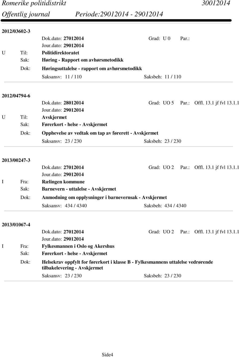 : Offl. 13.1 jf fvl 13.1.1 Sak: Førerkort - helse - Avskjermet Opphevelse av vedtak om tap av førerett - Avskjermet 2013/00247-3 Dok.dato: 27012014 Grad: UO 2 Par.: Offl. 13.1 jf fvl 13.1.1 I Fra: Rælingen kommune Sak: Barnevern - uttalelse - Avskjermet Anmodning om opplysninger i barnevernsak - Avskjermet Saksansv: 434 / 4340 Saksbeh: 434 / 4340 2013/01067-4 Dok.