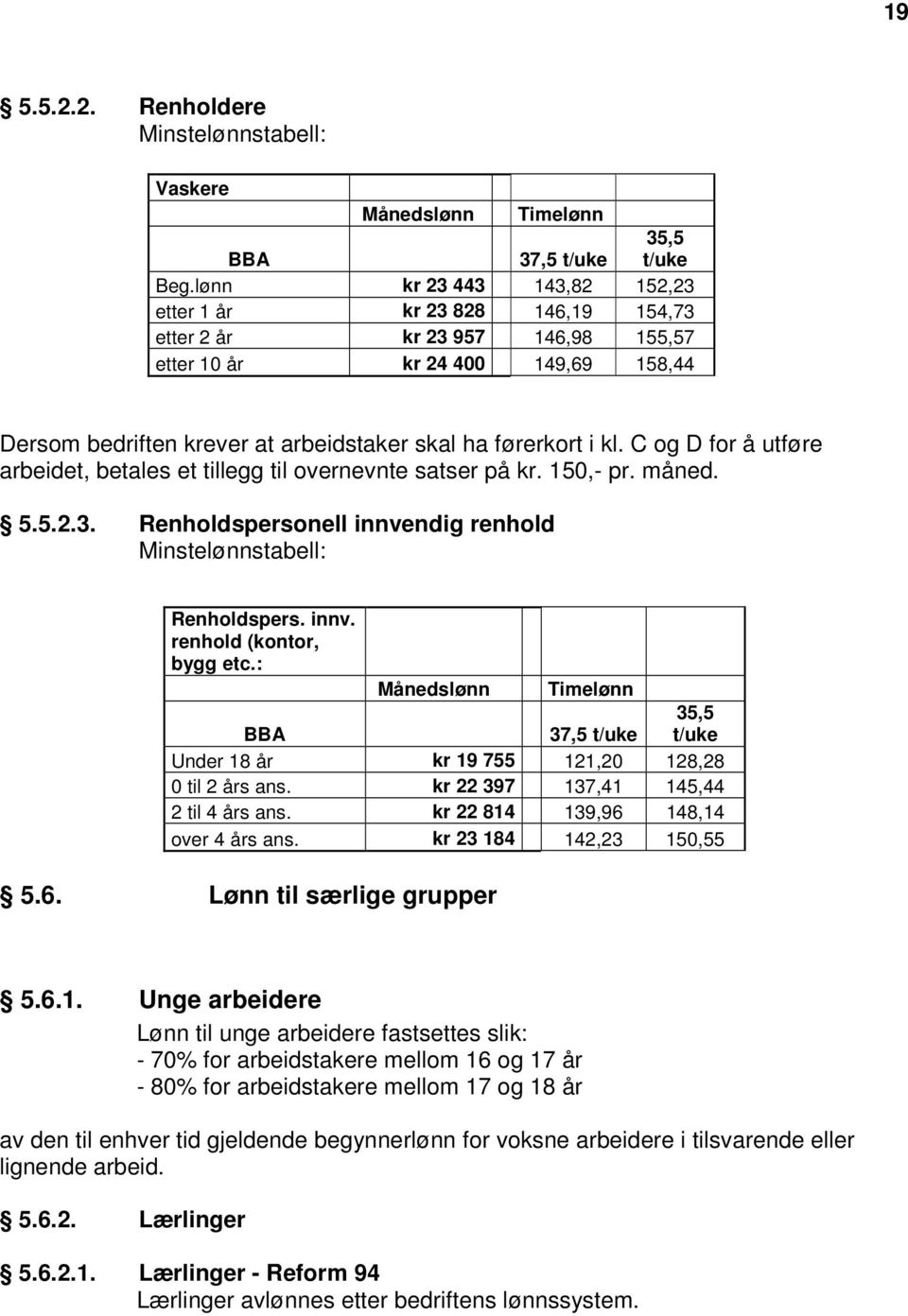 C og D for å utføre arbeidet, betales et tillegg til overnevnte satser på kr. 150,- pr. måned. 5.5.2.3. Renholdspersonell innvendig renhold Minstelønnstabell: Renholdspers. innv. renhold (kontor, bygg etc.