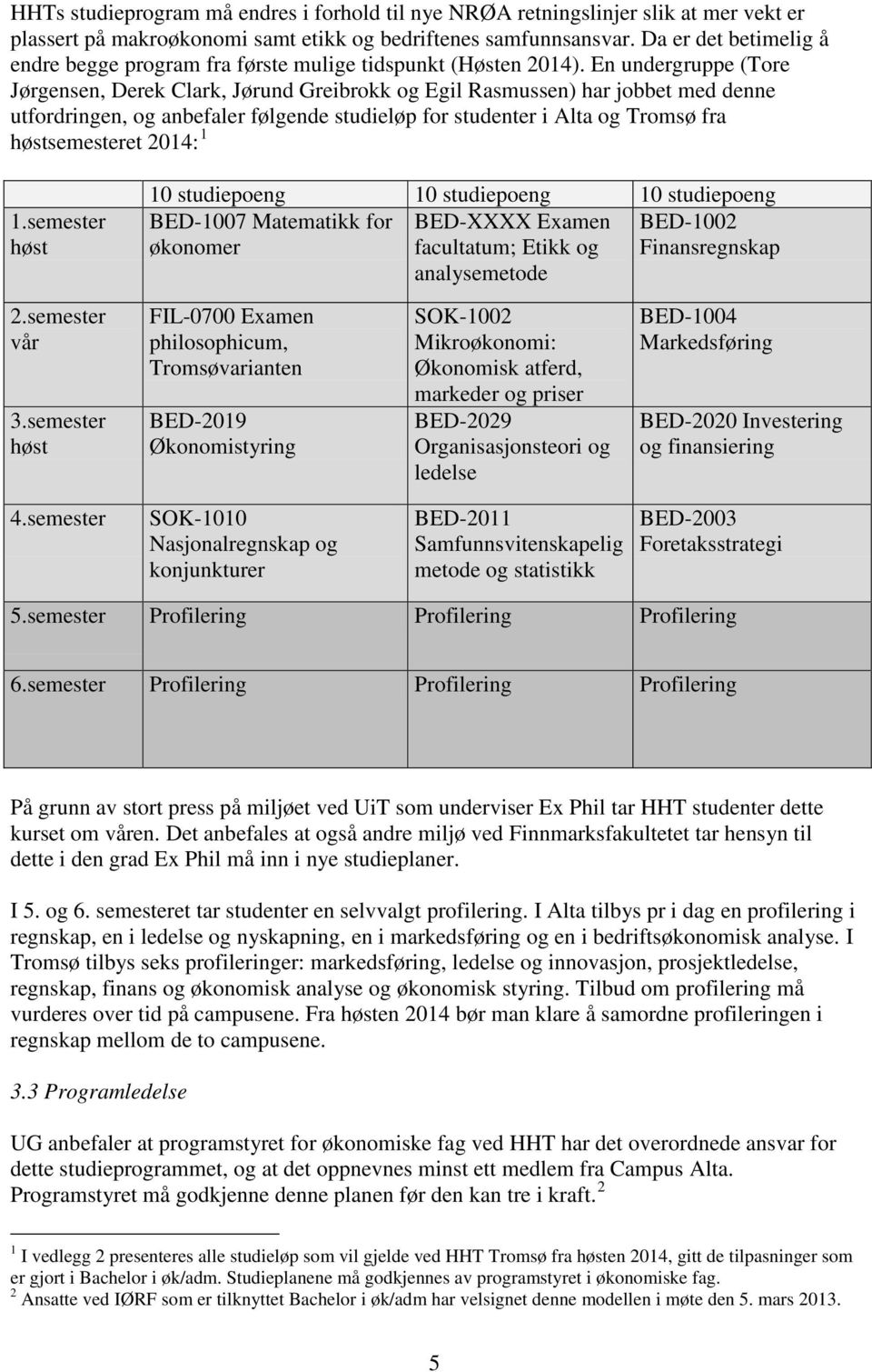 En undergruppe (Tore Jørgensen, Derek Clark, Jørund Greibrokk og Egil Rasmussen) har jobbet med denne utfordringen, og anbefaler følgende studieløp for studenter i Alta og Tromsø fra semesteret 2014: