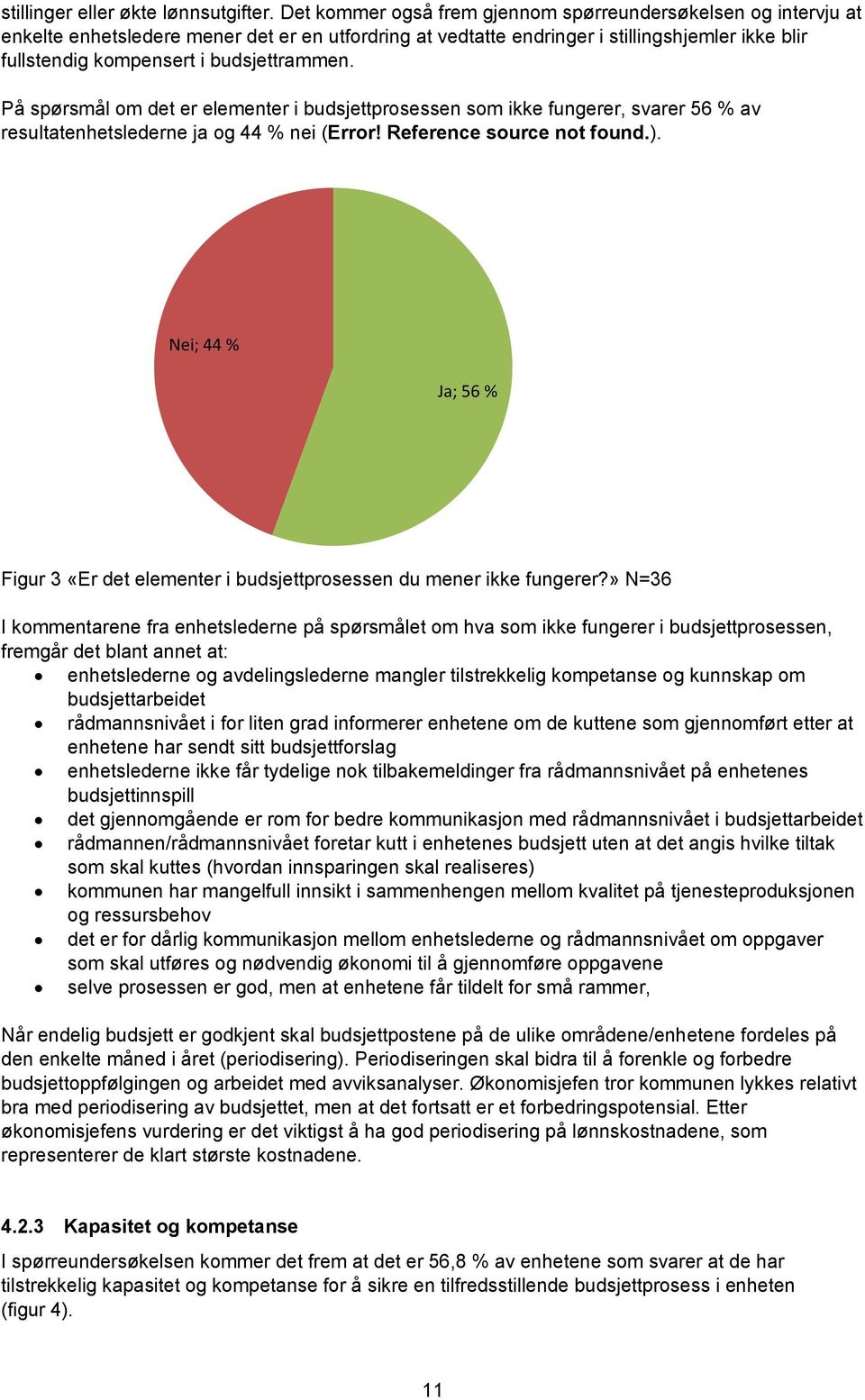 budsjettrammen. På spørsmål om det er elementer i budsjettprosessen som ikke fungerer, svarer 56 % av resultatenhetslederne ja og 44 % nei (Error! Reference source not found.).