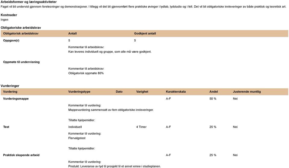 Kostnader Ingen Obligatoriske arbeidskrav Obligatorisk arbeidskrav Antall Godkjent antall Oppgave(r) 5 5 Kan leveres individuelt og gruppe, som alle må være godkjent.