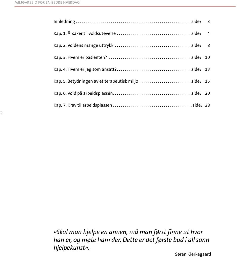 Betydningen av et terapeutisk miljø...side: 15 Kap. 6. Vold på arbeidsplassen...side: 20 2 Kap. 7. Krav til arbeidsplassen.