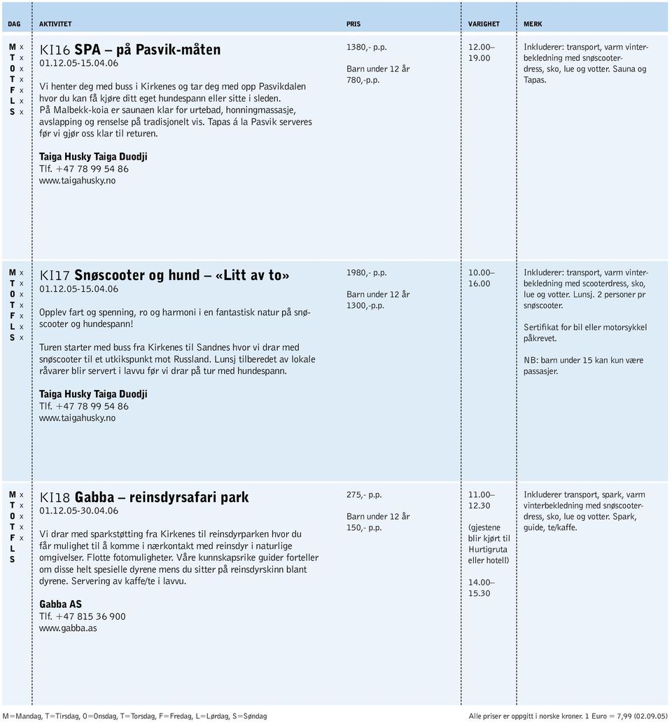 p. 12.00 19.00 med snøscooterdress, sko, lue og votter. auna og Tapas. Taiga Husky Taiga Duodji Tlf. +47 78 99 54 86 www.taigahusky.no KI17 nøscooter og hund «itt av to» 01.12.05-15.04.