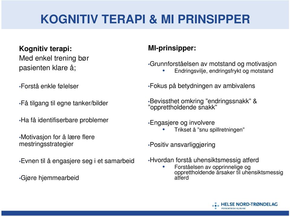 motivasjon Endringsvilje, endringsfrykt og motstand Fokus på betydningen av ambivalens Bevissthet omkring endringssnakk & opprettholdende snakk Engasjere og involvere