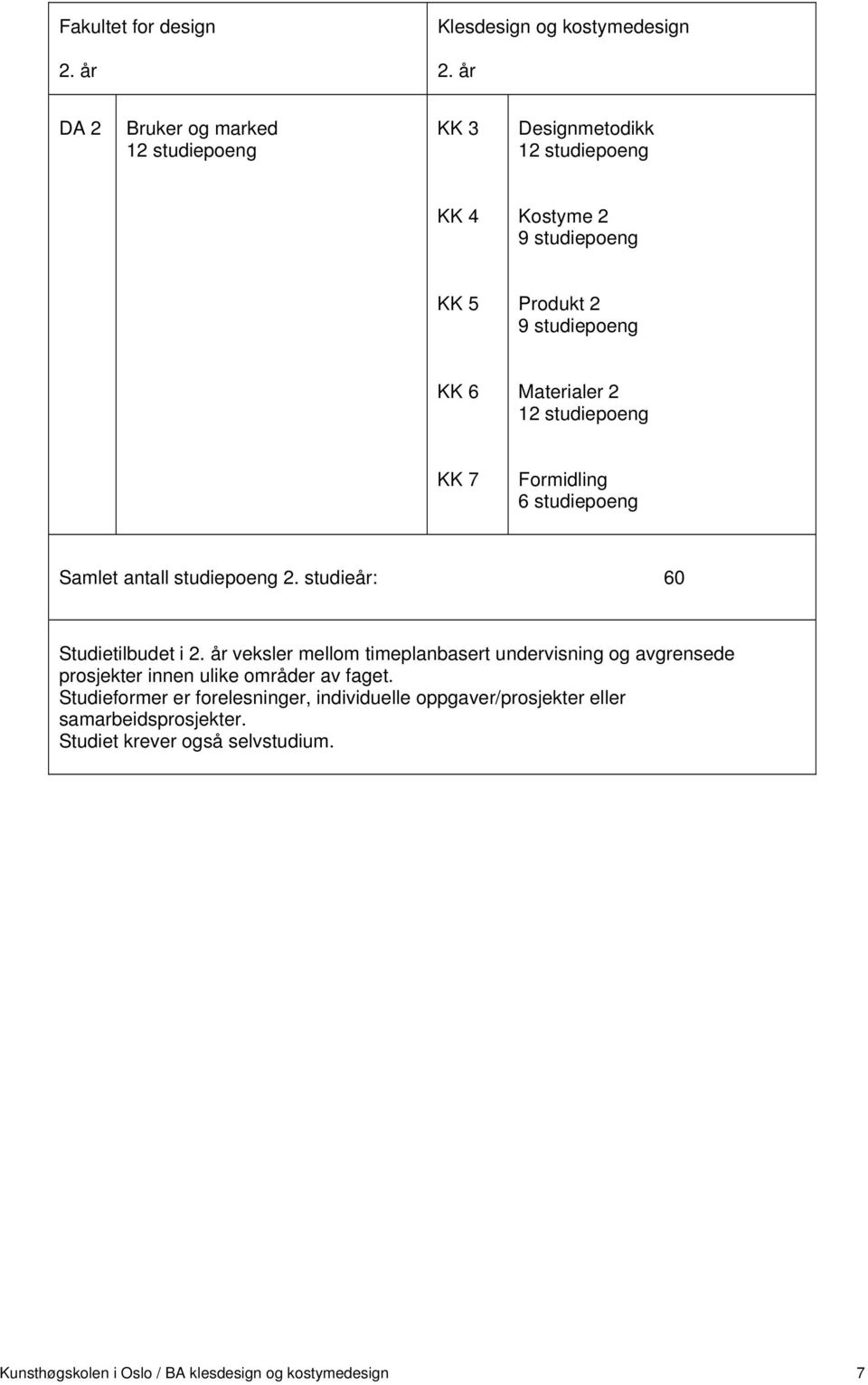 2 12 studiepoeng KK 7 Formidling 6 studiepoeng Samlet antall studiepoeng 2. studieår: 60 Studietilbudet i 2.