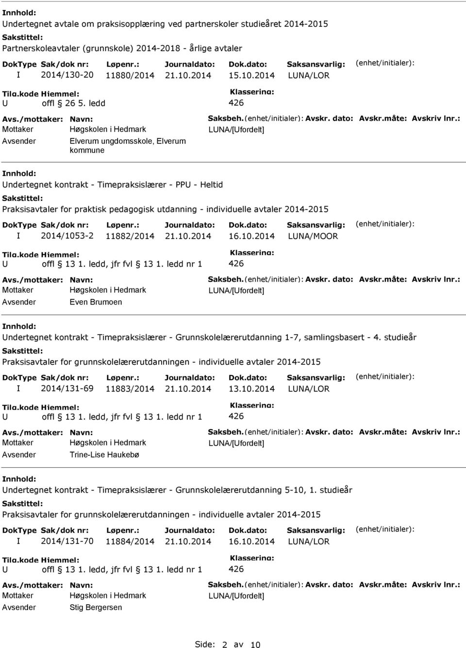 2014-2015 2014/1053-2 11882/2014 LNA/MOOR LNA/[fordelt] Avsender Even Brumoen nnhold: ndertegnet kontrakt - Timepraksislærer - Grunnskolelærerutdanning 1-7, samlingsbasert - 4.