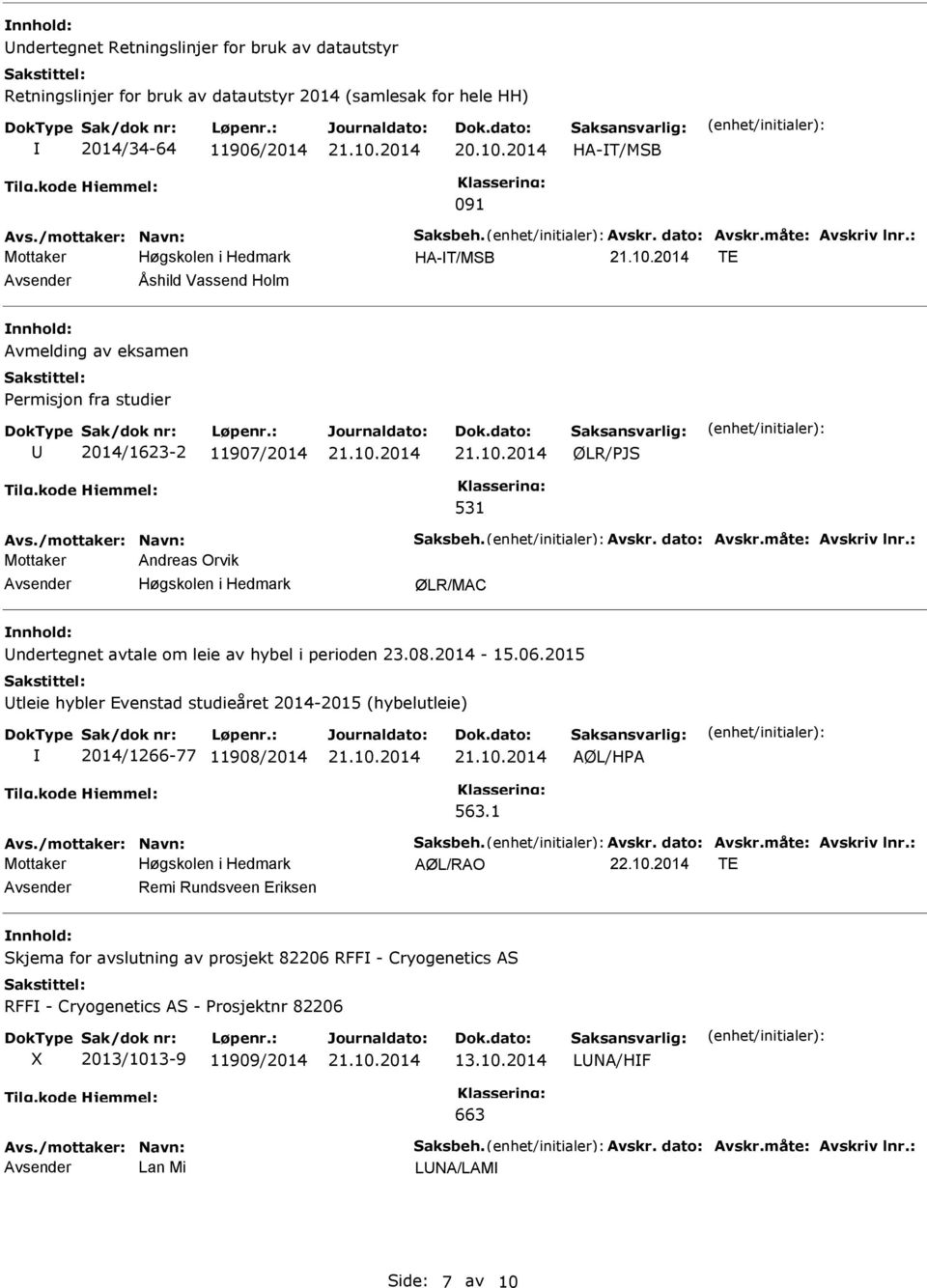 leie av hybel i perioden 23.08.2014-15.06.2015 tleie hybler Evenstad studieåret 2014-2015 (hybelutleie) 2014/1266-77 11908/2014 AØL/HPA 563.1 AØL/RAO 22.10.