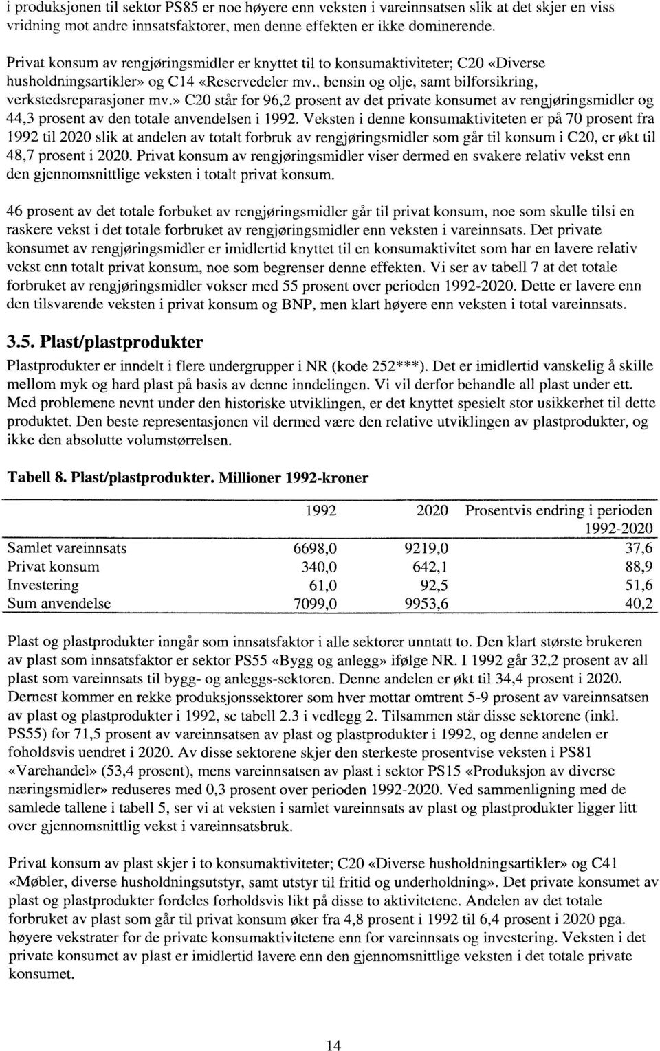 » C20 står for 96,2 prosent av det private konsumet av rengjøringsmidler og 44,3 prosent av den totale anvendelsen i 1992.