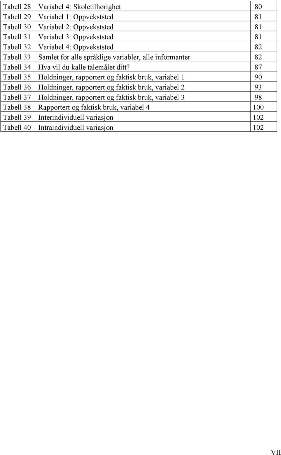 87 Tabell 35 Holdninger, rapportert og faktisk bruk, variabel 1 90 Tabell 36 Holdninger, rapportert og faktisk bruk, variabel 2 93 Tabell 37 Holdninger,