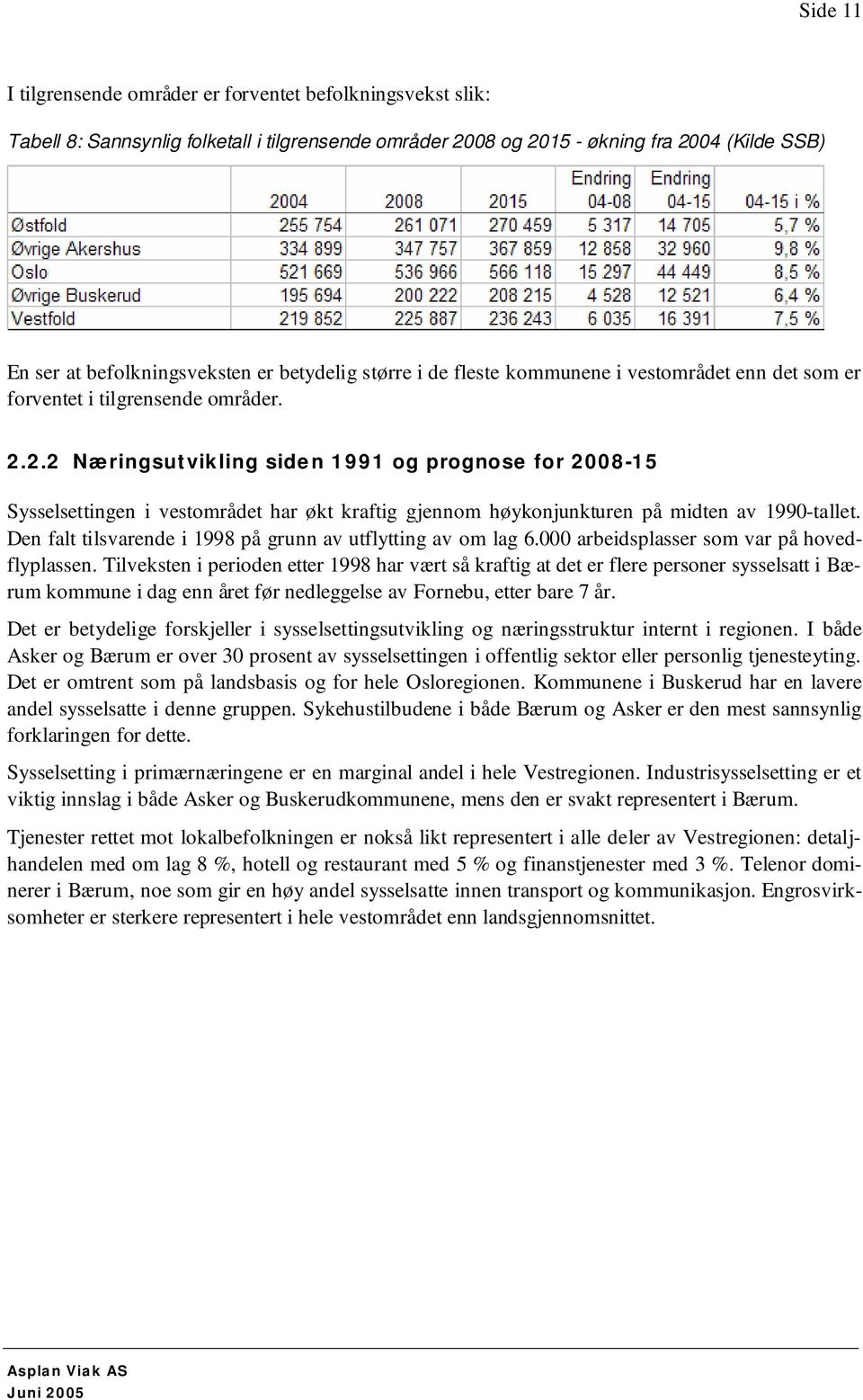 2.2 Næringsutvikling siden 1991 og prognose for 2008-15 Sysselsettingen i vestområdet har økt kraftig gjennom høykonjunkturen på midten av 1990-tallet.