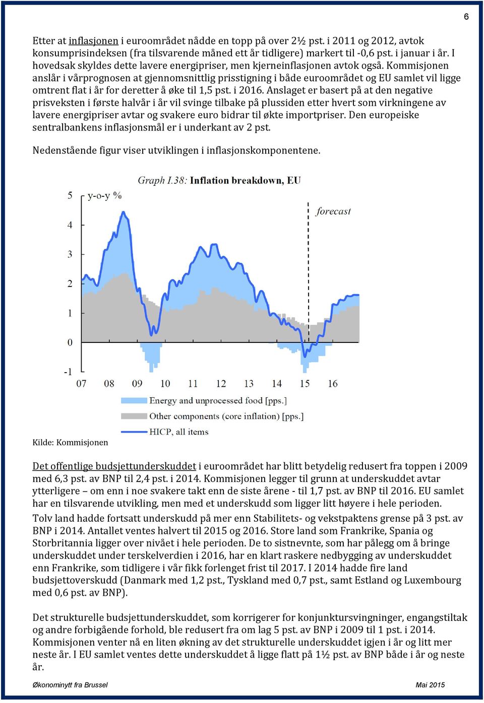 Kommisjonen anslår i vårprognosen at gjennomsnittlig prisstigning i både euroområdet og EU samlet vil ligge omtrent flat i år for deretter å øke til 1,5 pst. i 2016.