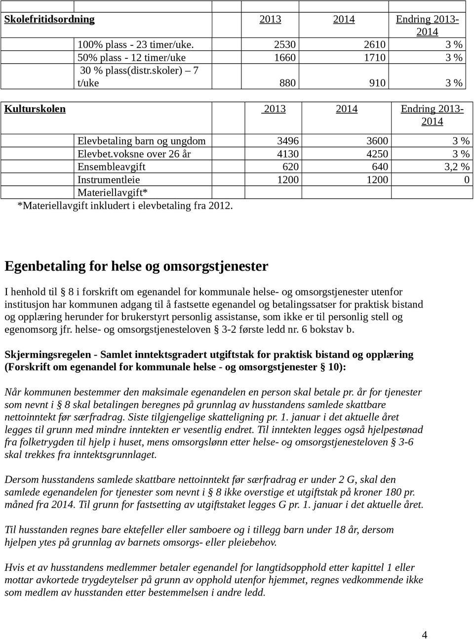 voksne over 26 år 4130 4250 3 % Ensembleavgift 620 640 3,2 % Instrumentleie 1200 1200 0 Materiellavgift* *Materiellavgift inkludert i elevbetaling fra 2012.