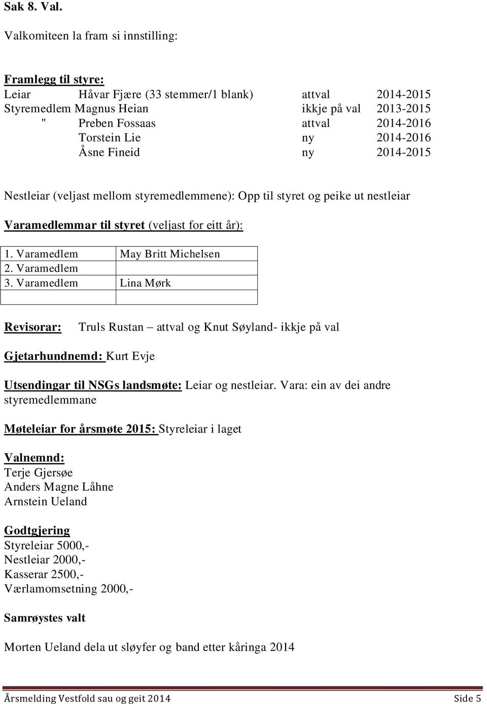 Torstein Lie ny 2014-2016 Åsne Fineid ny 2014-2015 Nestleiar (veljast mellom styremedlemmene): Opp til styret og peike ut nestleiar Varamedlemmar til styret (veljast for eitt år): 1.