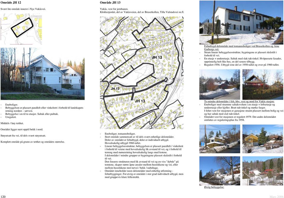 Saltak med slak takvinkel. Hvitpussete fasader, opprinnelig helt like hus, en del senere tilbygg. - Regulert 1956. Utbygd siste del av 1950-tallet og over på 1960-tallet.