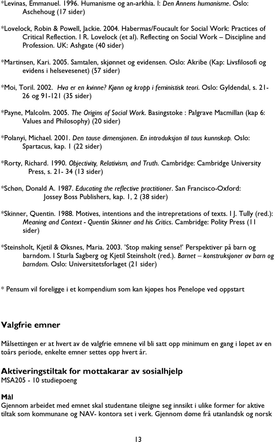 Samtalen, skjønnet og evidensen. Oslo: Akribe (Kap: Livsfilosofi og evidens i helsevesenet) (57 sider) *Moi, Toril. 2002. Hva er en kvinne? Kjønn og kropp i feministisk teori. Oslo: Gyldendal, s.