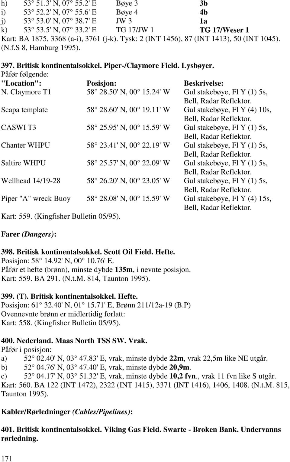 Claymore T1 58 28.50' N, 00 15.24' W Gul stakebøye, Fl Y (1) 5s, Bell, Radar Reflektor. Scapa template 58 28.60' N, 00 19.11' W Gul stakebøye, Fl Y (4) 10s, Bell, Radar Reflektor. CASWI T3 58 25.