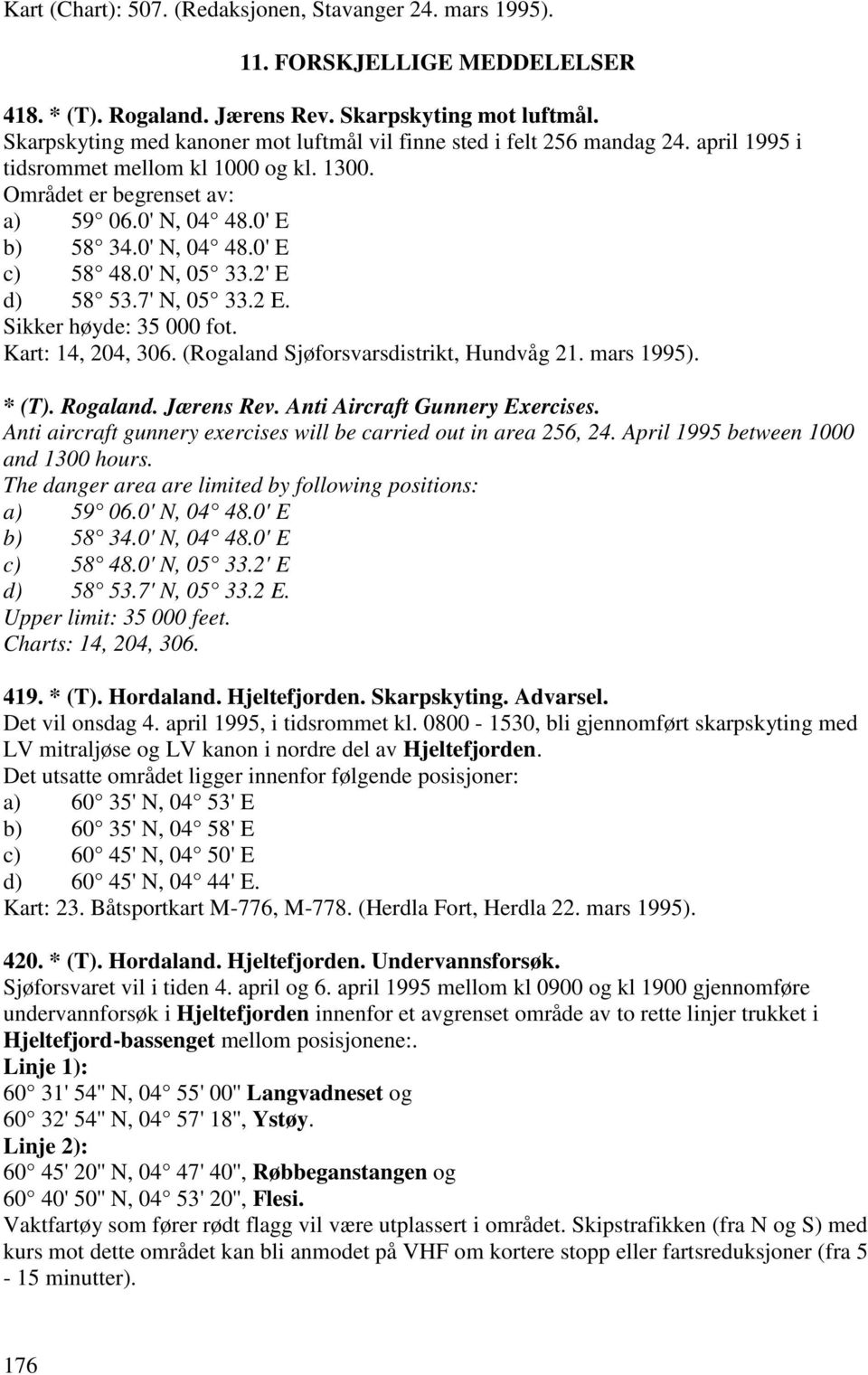 0' N, 05 33.2' E d) 58 53.7' N, 05 33.2 E. Sikker høyde: 35 000 fot. Kart: 14, 204, 306. (Rogaland Sjøforsvarsdistrikt, Hundvåg 21. mars 1995). * (T). Rogaland. Jærens Rev.