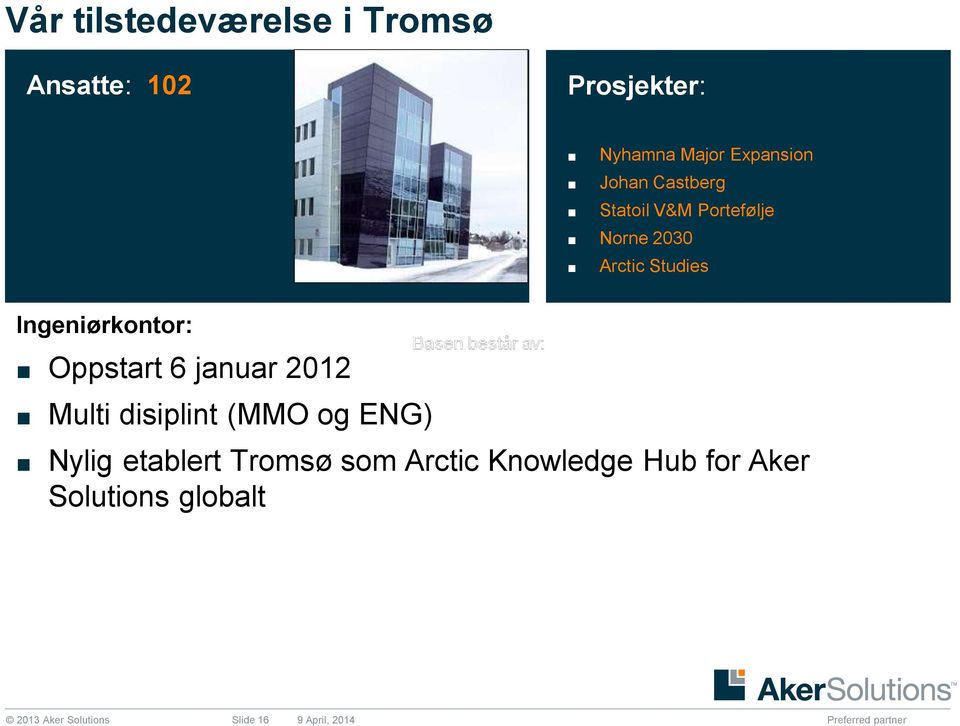 Oppstart 6 januar 2012 Multi disiplint (MMO og ENG) Nylig etablert Tromsø som