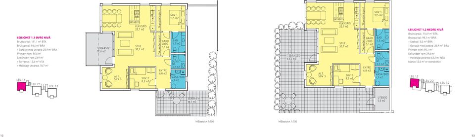 2 + Terrasse: 12,6 m 2 NTA + Hellelagt uteareal 18,7 m 2 2 Nedre nivå Bruttoareal: 116,9 m 2 BTA