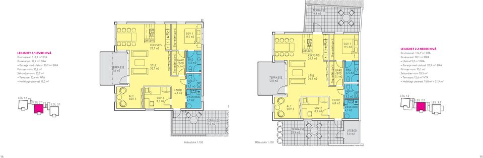 2 + Terrasse: 12,6 m 2 NTA + Hellelagt uteareal 19,0 m 2 2 Nedre nivå Bruttoareal: 116,9 m 2 BTA