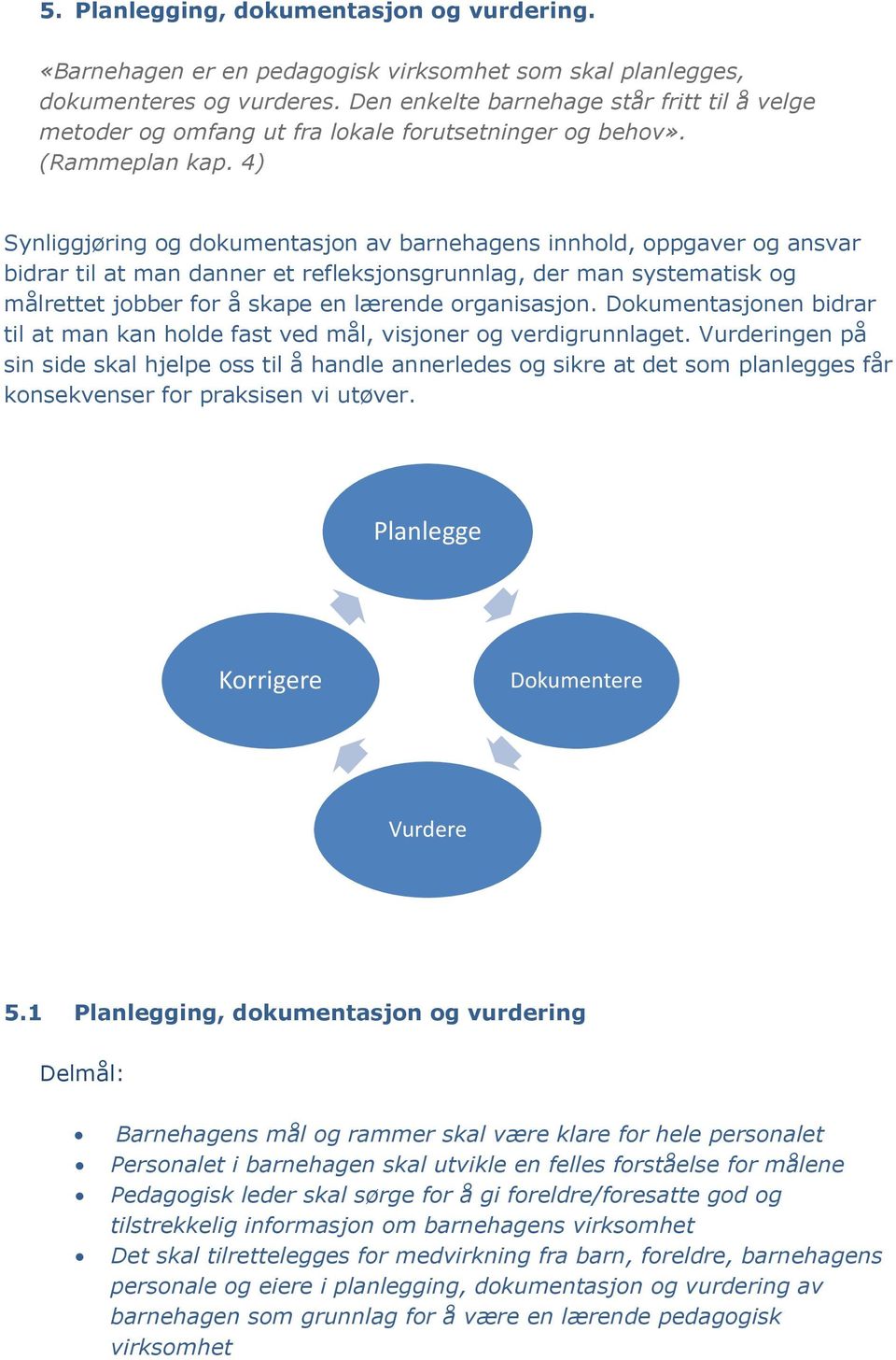 4) Synliggjøring og dokumentasjon av barnehagens innhold, oppgaver og ansvar bidrar til at man danner et refleksjonsgrunnlag, der man systematisk og målrettet jobber for å skape en lærende