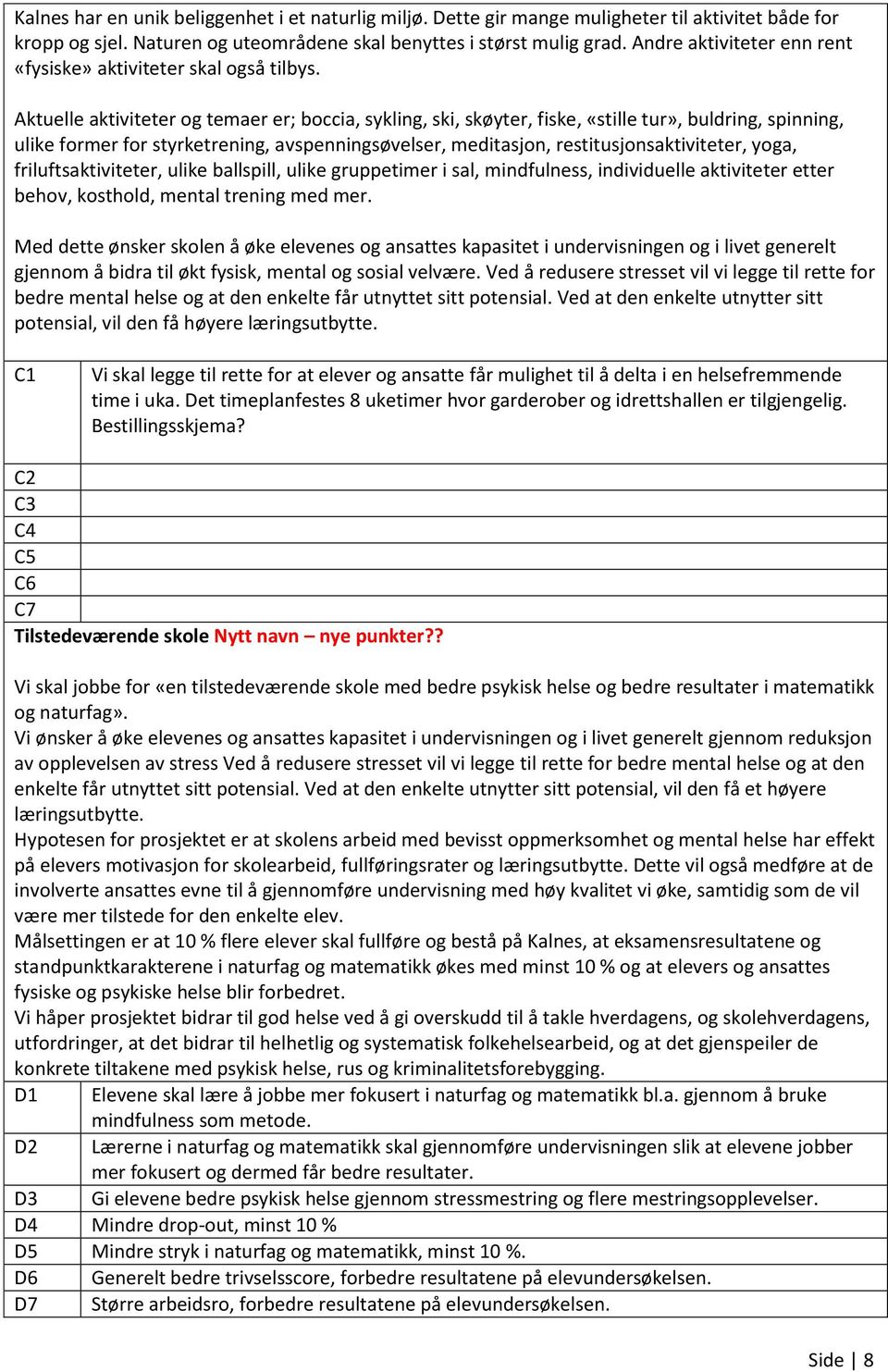 Aktuelle aktiviteter og temaer er; boccia, sykling, ski, skøyter, fiske, «stille tur», buldring, spinning, ulike former for styrketrening, avspenningsøvelser, meditasjon, restitusjonsaktiviteter,