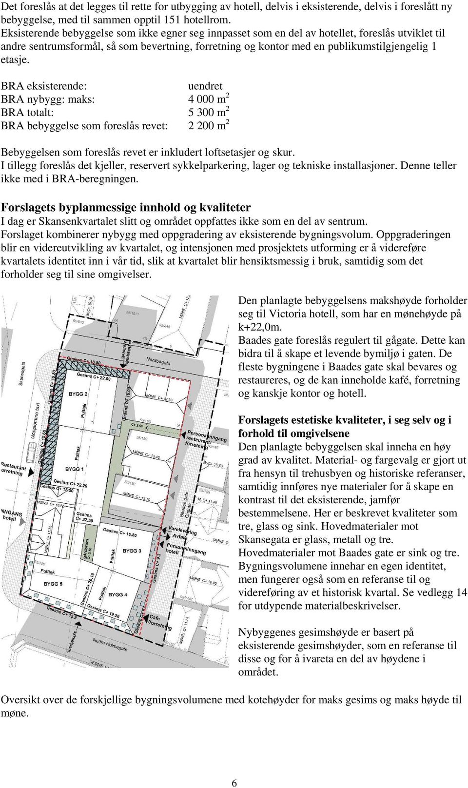 BRA eksisterende: uendret BRA nybygg: maks: 4 000 m 2 BRA totalt: 5 300 m 2 BRA bebyggelse som foreslås revet: 2 200 m 2 Bebyggelsen som foreslås revet er inkludert loftsetasjer og skur.