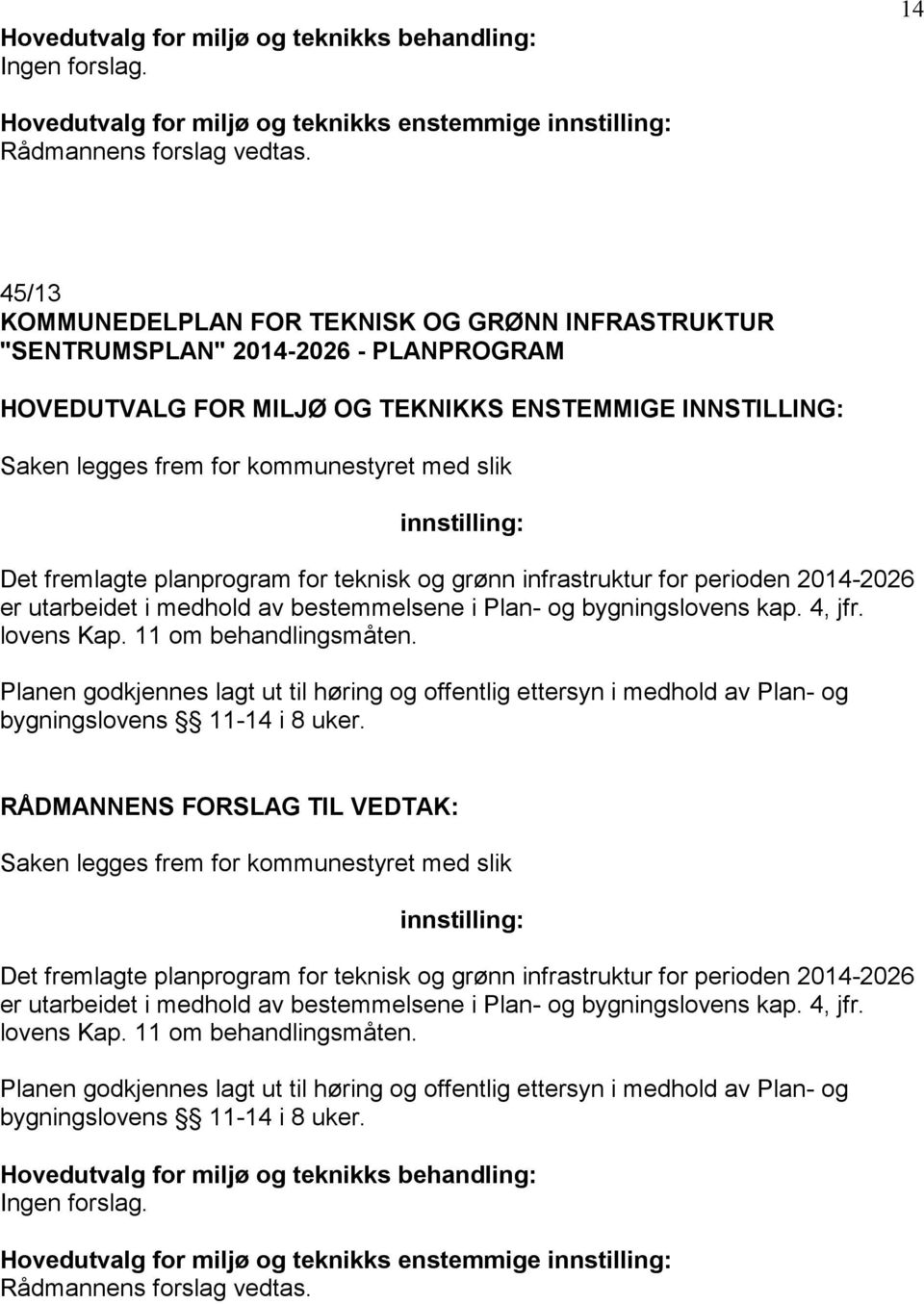 Det fremlagte planprogram for teknisk og grønn infrastruktur for perioden 2014-2026 er utarbeidet i medhold av bestemmelsene i Plan- og bygningslovens kap. 4, jfr. lovens Kap. 11 om behandlingsmåten.