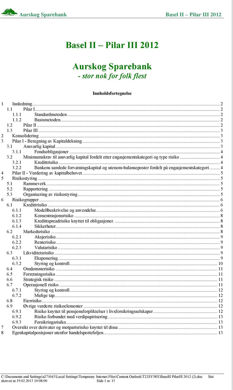 2 Minimumskrav til ansvarlig kapital fordelt etter engasjementskategori og type risiko... 4 3.2.1 Kredittrisiko... 4 3.2.2 Bankens samlede forvatningskapital og utenom-balanseposter fordelt på engasjementskategori.