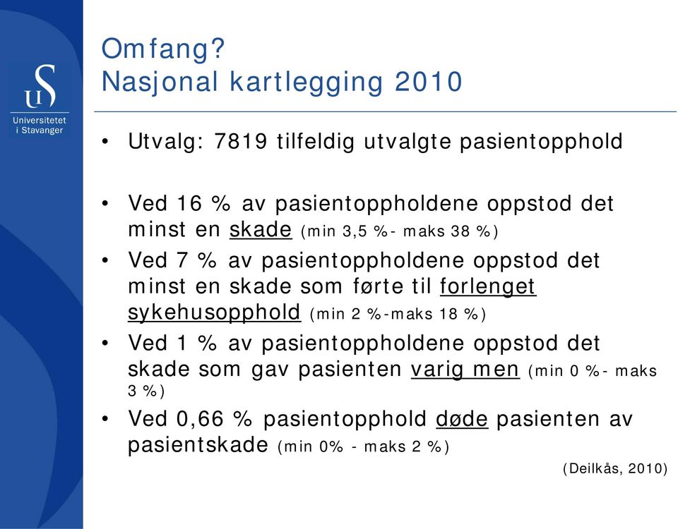 minst en skade (min 3,5 %- maks 38 %) Ved 7 % av pasientoppholdene oppstod det minst en skade som førte til