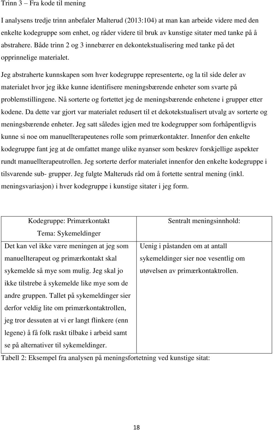 Jeg abstraherte kunnskapen som hver kodegruppe representerte, og la til side deler av materialet hvor jeg ikke kunne identifisere meningsbærende enheter som svarte på problemstillingene.